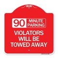 Signmission 90 Minute Parking Violators Will Towed Away, Red & White Aluminum Sign, 18" x 18", RW-1818-24360 A-DES-RW-1818-24360